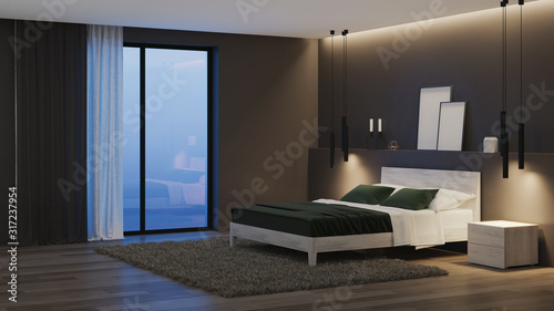 Modern house interior. Bedroom with dark walls and bright furniture. Night. Evening lighting. 3D rendering.