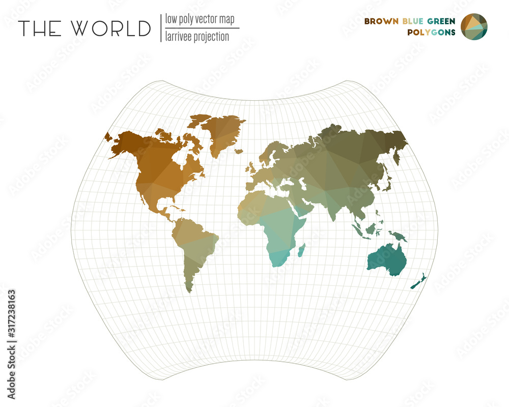 Fototapeta premium Low poly world map. Larrivee projection of the world. Brown, Blue, and Green colored polygons. Contemporary vector illustration.