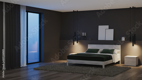 Modern house interior. Bedroom with dark walls and bright furniture. Night. Evening lighting. 3D rendering.