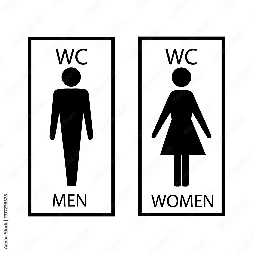 Black silhouette men and women icon in white rectangle. Sign restroom women and men. Icon public toilette and bathroom for hygiene. Template for poster, sign. Flat vector image. Vector illustration.