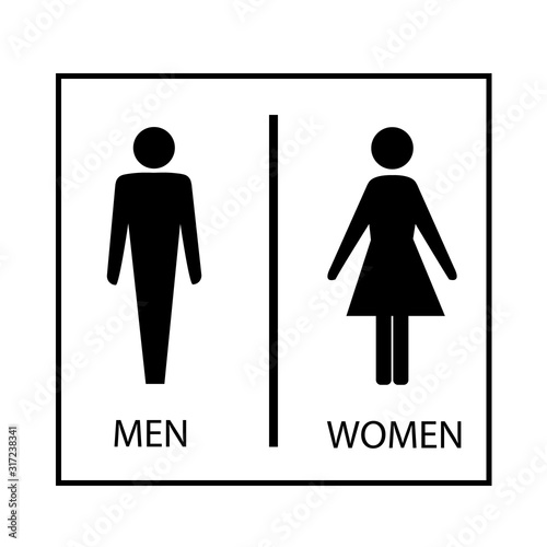 Black silhouette men and women icon in white rectangle. Sign restroom women and men. Icon public toilette and bathroom for hygiene. Template for poster, sign. Flat vector image. Vector illustration.