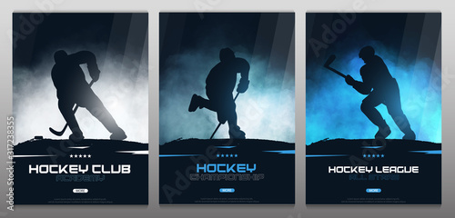 Set of Ice Hockey posters with players and Stick. photo