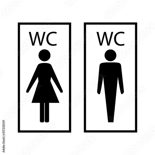 Black silhouette men and women icon in white rectangle. Sign restroom women and men. Icon public toilette and bathroom for hygiene. Template for poster, sign. Flat vector image. Vector illustration.