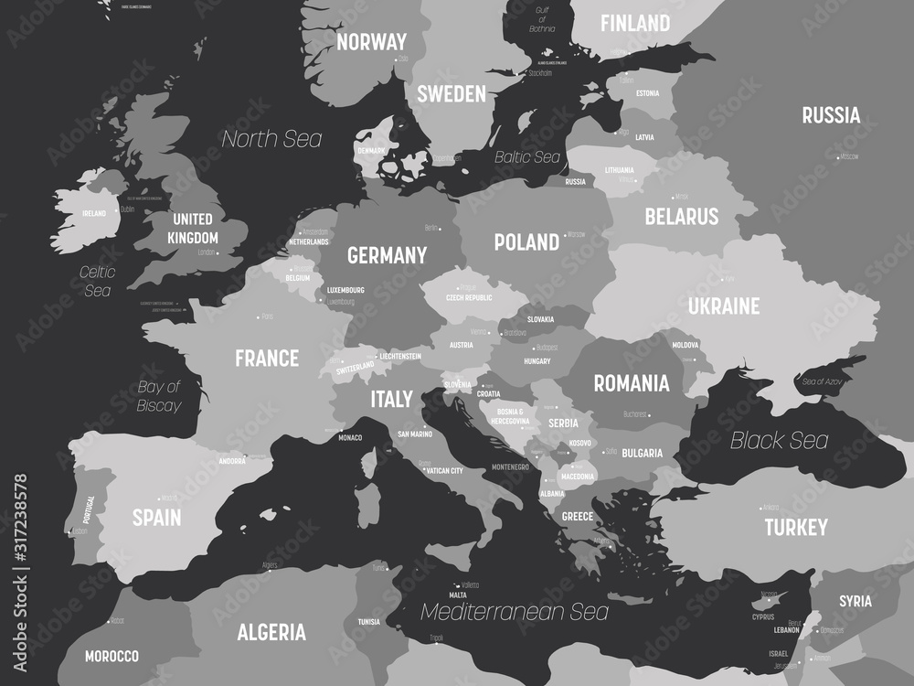 Political Map Of Europe Continent Europe Map - Grey Colored On Dark Background. High Detailed Political Map  Of European Continent With Country, Capital, Ocean And Sea Names Labeling  Stock Vector | Adobe Stock
