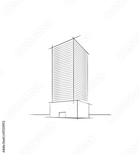 Facade of a modern Luxury apartment building. Real estate logo. Skyscraper Exterior drawn conceptually by lines. Hotel complex, architectural multistorey building vector sketch. Isolated icon 