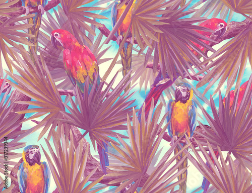 Tropical seamless pattern with  banana leaves and parrots. Luxury background.  Acrylic Painted Print photo