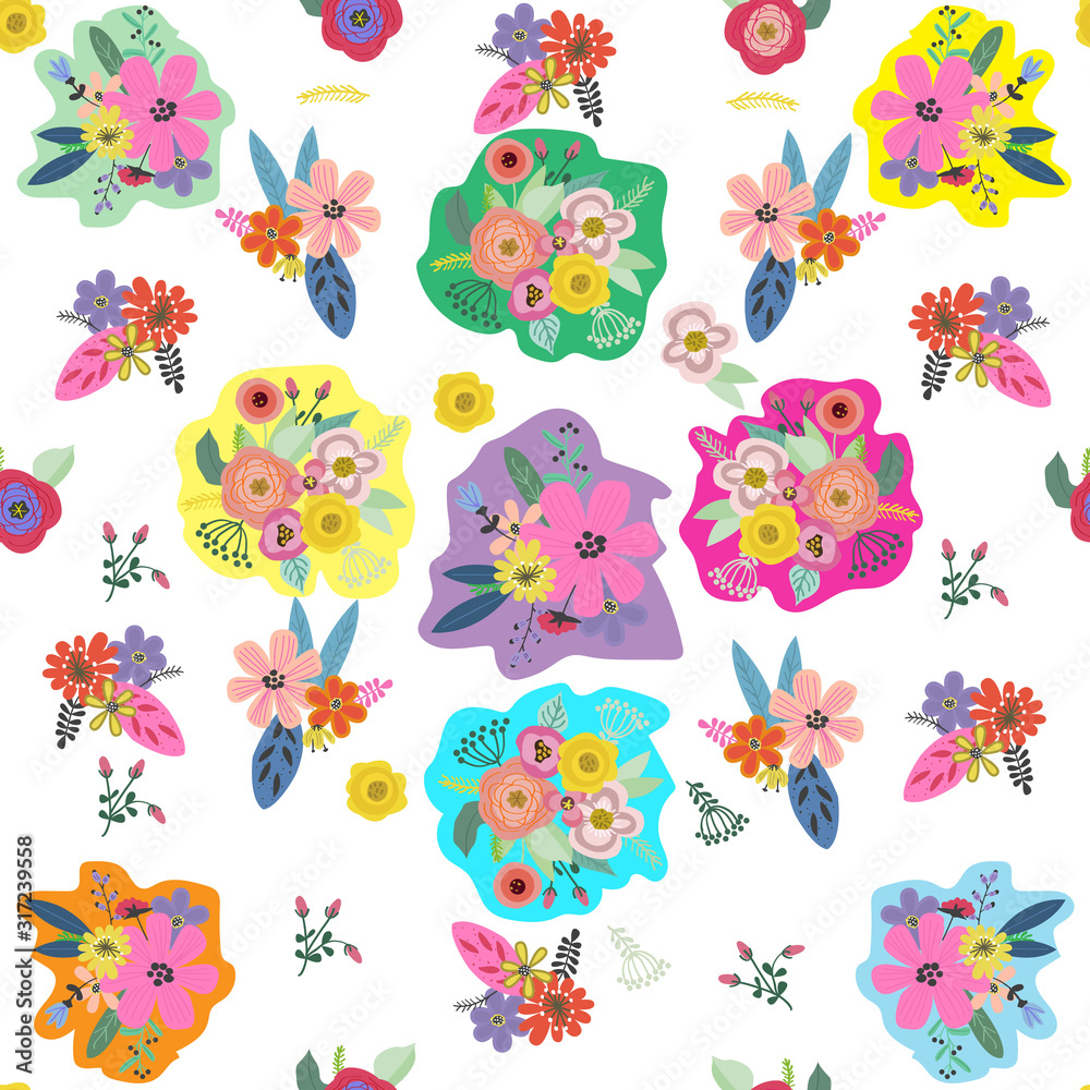 Vector floral seamless pattern with bright summer blooms