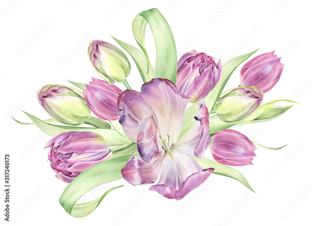 Watercolor tulips bouquets. Wedding arrangements. Easter card template