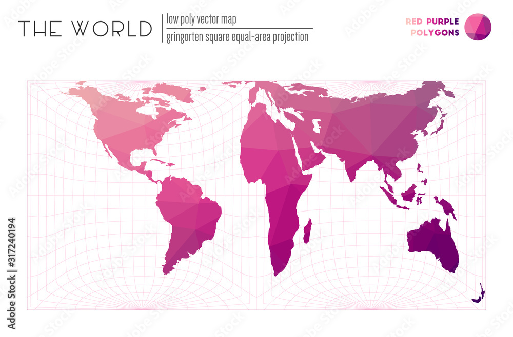 Triangular mesh of the world. Gringorten square equal-area projection of the world. Red Purple colored polygons. Beautiful vector illustration.