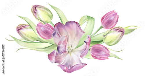 Watercolor tulips bouquets. Wedding arrangements. Easter card template