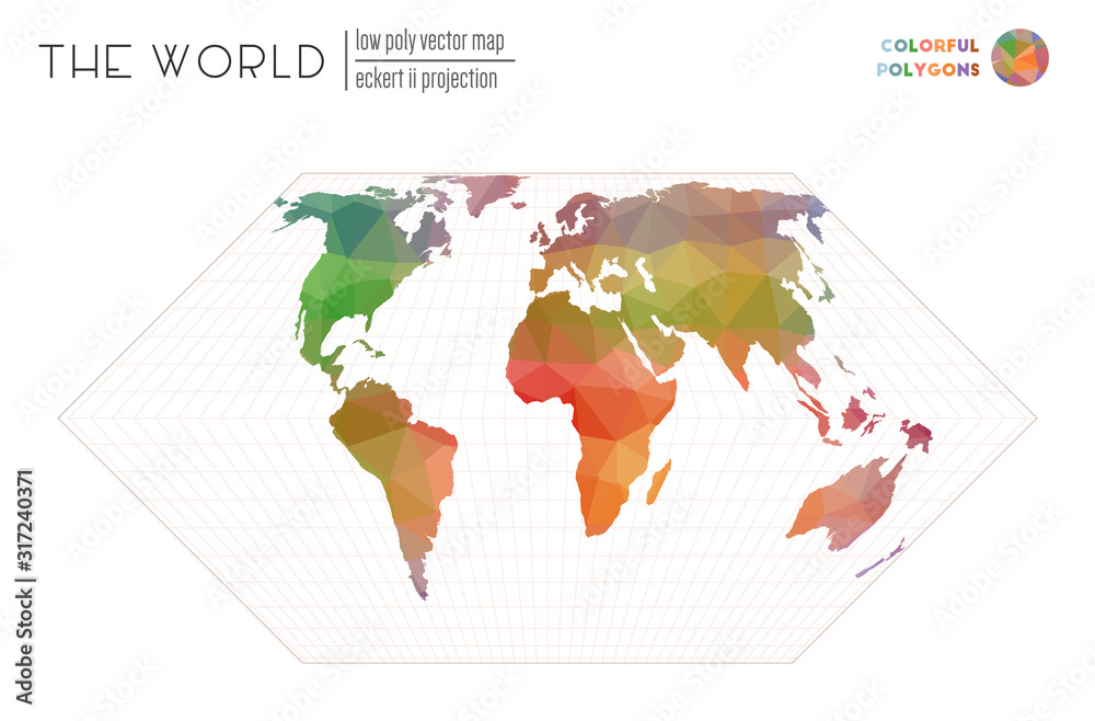 Naklejka premium World map with vibrant triangles. Eckert II projection of the world. Colorful polygons. Contemporary vector illustration.