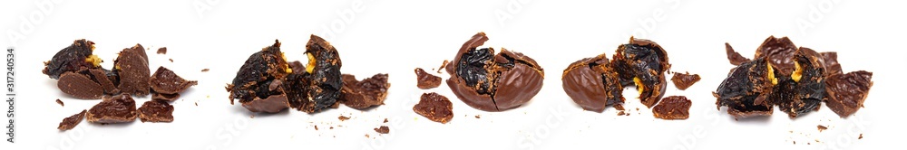 chocolate candy with prunes on white background