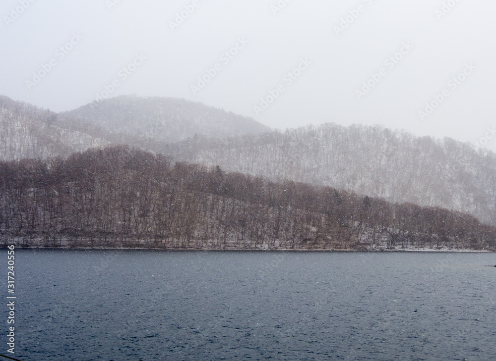 View of Oshima in Lake Toya , Hokkaido while snow is falling in the foreground