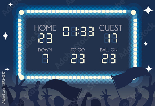 american football scoreboard , home and guest