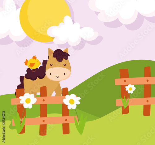 chicken on horse fence flowers field sun farm animal cartoon