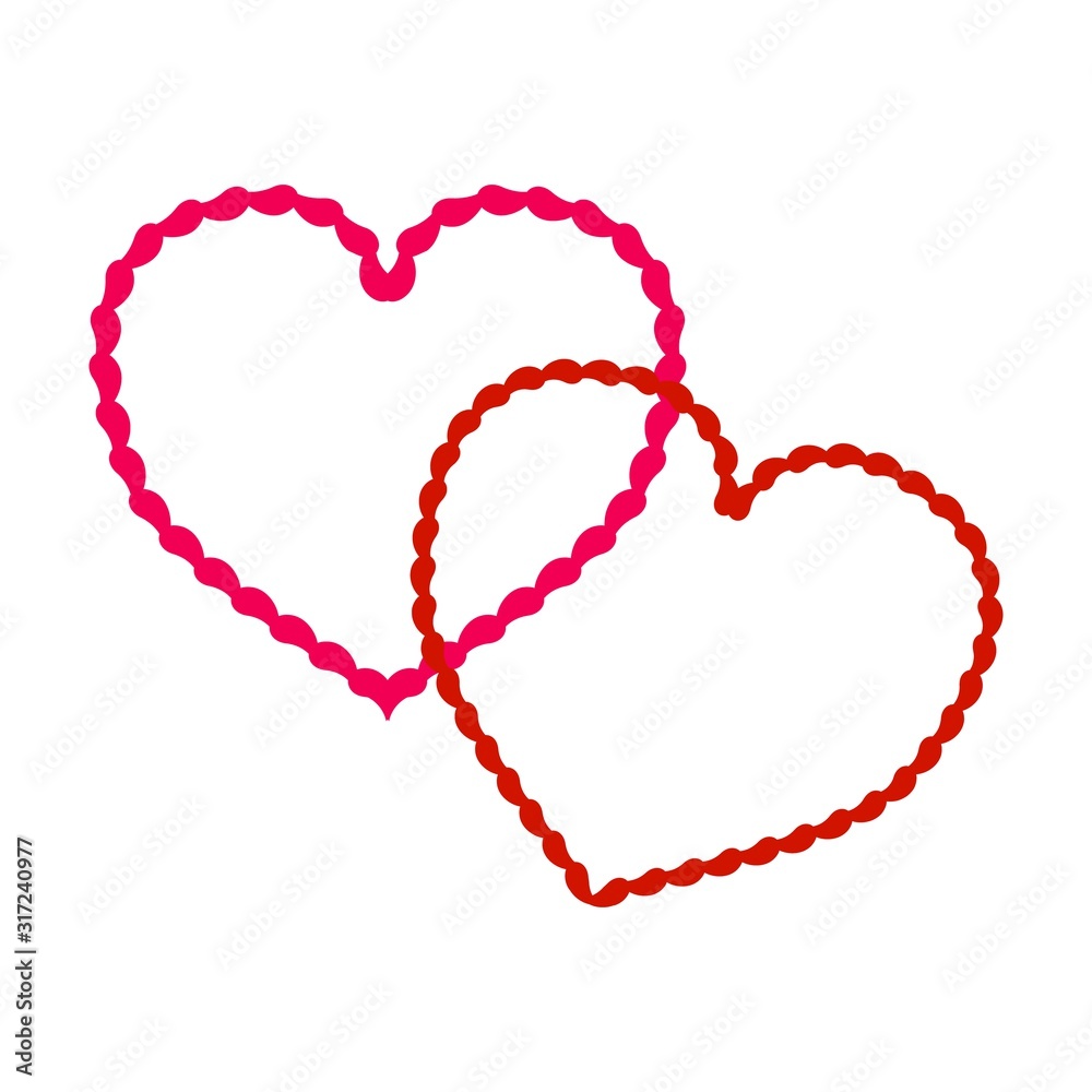 Two red decorative heart on white background sign. Symbol linked, join, love, passion and wedding. Template for t shirt, apparel, card, poster, valentine day. Design element. Vector illustration. Two red decorative heart on white background sign. Symbol linked, join, love, passion and wedding. Template for t shirt, apparel, card, poster, valentine day. Design element. Vector illustration.