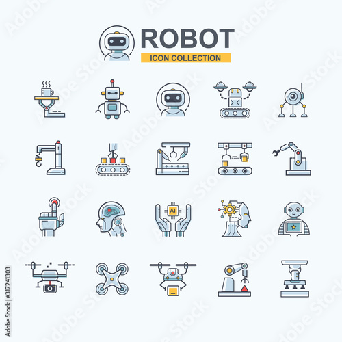Industrial robot icon set for business technology, robotic arm, artificial intelligence, autonomous, drone, robotic chef, droid and manufacturing industry. Minimal logo cartoon concept.