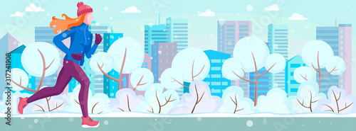 Winter running. The girl runs on a winter day in the city Park, trees. bushes in the snow. On the background of the house with Windows. Banner, poster, card, healthy lifestyle. Vector Illustrtion.