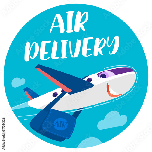 Vector Air delivery_Cartoon Character Cargo Delivery Airplane with Mail Bag