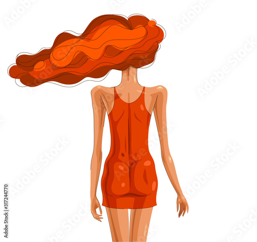 Slim young girl from back with a hair on a wind relaxed and calm vector illustration, daydream and rest concept, get rid of all the problems.