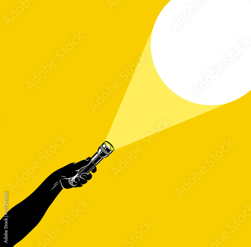 Hand with flashlight vector concept trendy illustration, with copy space for text message, highlighting searching and discovering. photo
