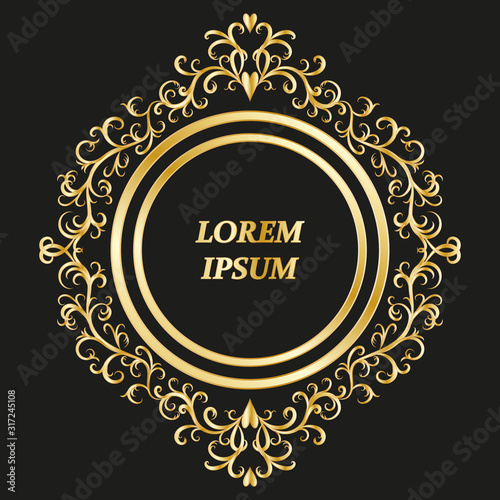 Golden round frame in vintage style on black background. Luxurious vector pattern. 