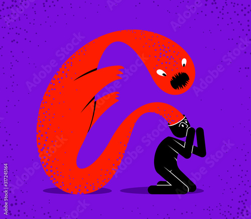 Psychical problems such as phobia psychosis schizophrenia hallucinations vector concept illustration in flat trendy style, psychiatry and psychology allegory, man with monster from his head.