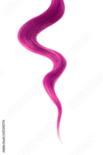Pink hair on white background, isolated. Thin curly thread
