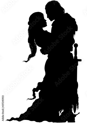 Medieval romantic lovers/ Romantic medieval embracing couple silhouette. Woman and a knight with a sword