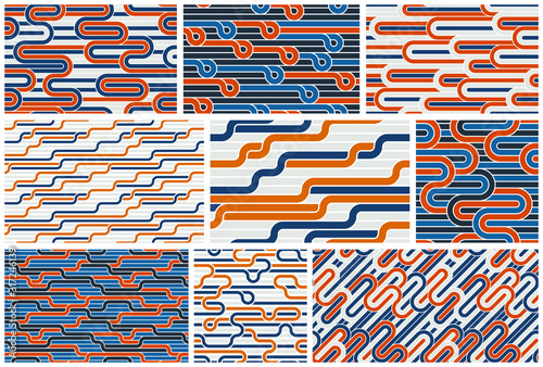 Linear seamless backgrounds with twisted lines, vector abstract geometric patterns set, stripy weaving, optical maze, web network.