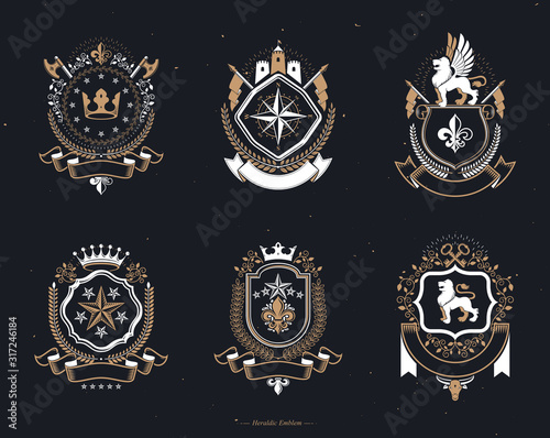 Vector vintage heraldic Coat of Arms designed in award style. Medieval towers, armory, royal crowns, stars and other graphic design elements collection.