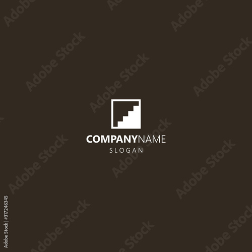 white logo on a black background. simple flat art vector iconic logo of step construction in a square frame