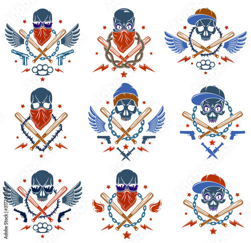 Gangster emblem logo or tattoo with aggressive skull baseball bats and other weapons and design elements, vector set, criminal ghetto vintage style, gangster anarchy or mafia theme.