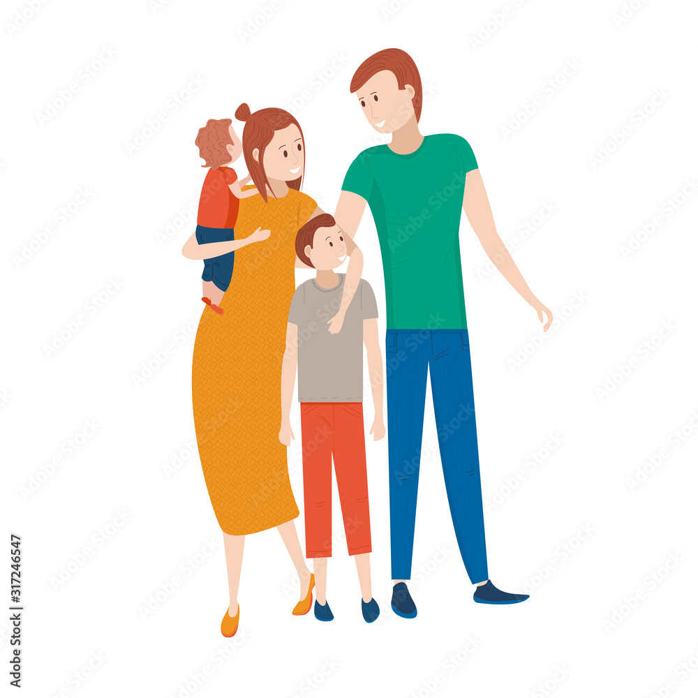 Parents with twoo children. A family with many children. Characters isolated on white background Parents with twoo children. A family with many children. Characters isolated on white background