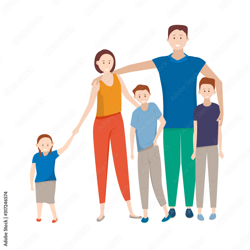 Fototapeta premium Parents with three children. A family with many children. Characters isolated on white background