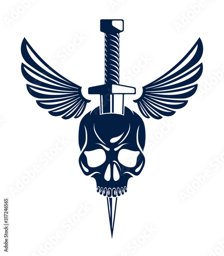 Skull killed by a dagger knife with wings vintage vector emblem or logo isolated on white, vintage style coat of arms crest, gang sign criminality, classic style tattoo.