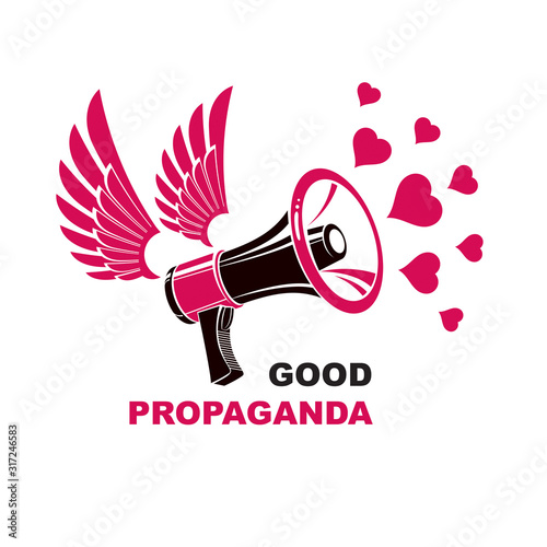 Vector flyer template created with loudspeaker equipment and good propaganda inscription and loving hearts. Propaganda as a powerful weapon of influence on social behavior, LGBT concept.