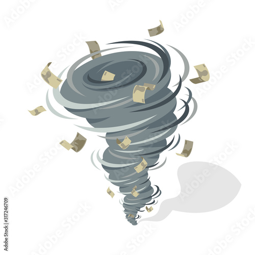 Financial crisis tornado whirlwind takes money banknotes, strong wind swirl taking money vector concept illustration.