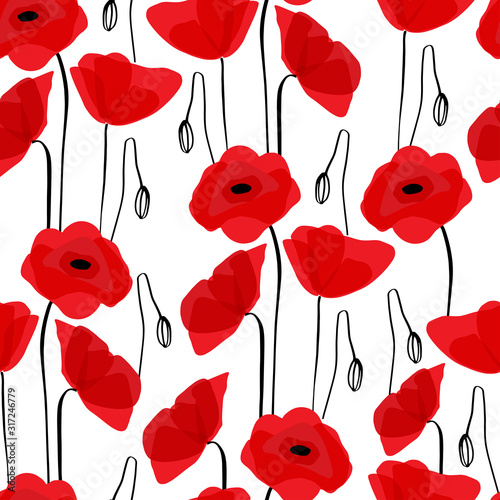 Poppy seamless pattern. Red poppies on white background. Can be uset for textile, wallpapers, prints and web design. Vector illustration.