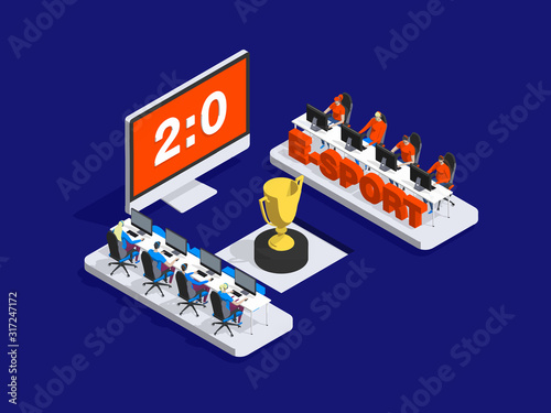 The professional cybersport tournament for the golden cup on dark blue background. rivalry between two teams, an unequal score 