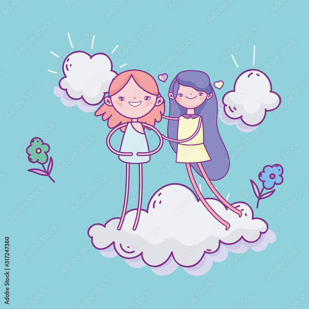 happy valentines day, cute girl and cupid standing on cloud with flowers happy valentines day, cute girl and cupid standing on cloud with flowers