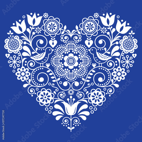 Scandinavian folk heart vector design, Valentine's day, birthday or wedding greeting card, floral pattern in white on navy blue 	