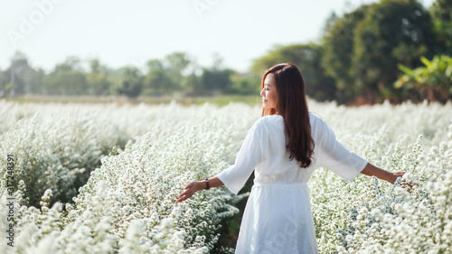 Obraz na plátně Portrait image of an asian woman walking into a beautiful Cutter flower field