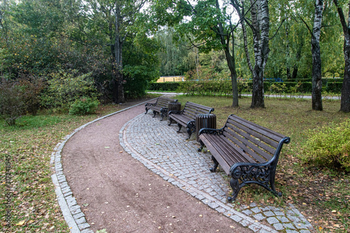 Autumn. Three benches alley against the background of bushes and trees in the park Kuskovo. Moscow