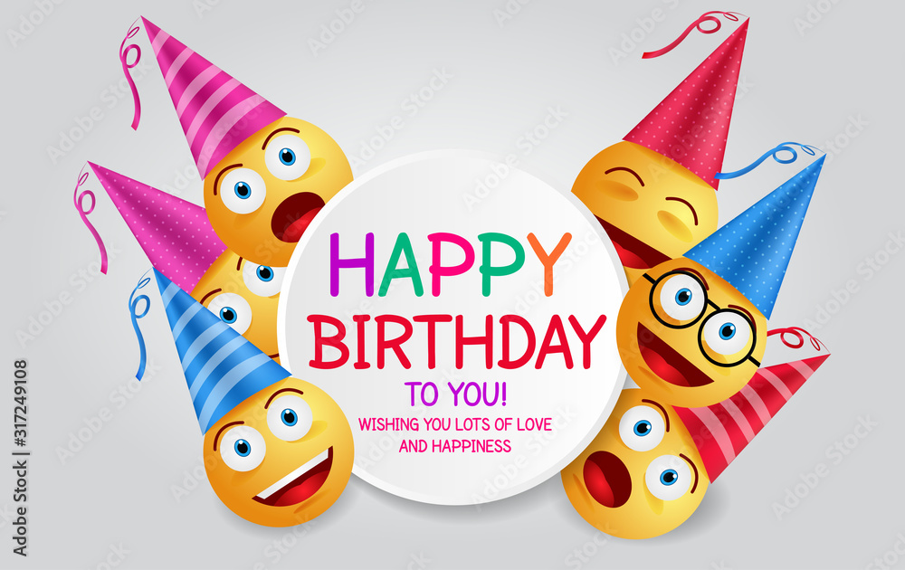 Happy birthday vector design with smileys wearing birthday hat in white empty space for message and text for party and celebration. Vector illustration.