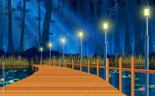 landscape of wooden bridge on the river in the night