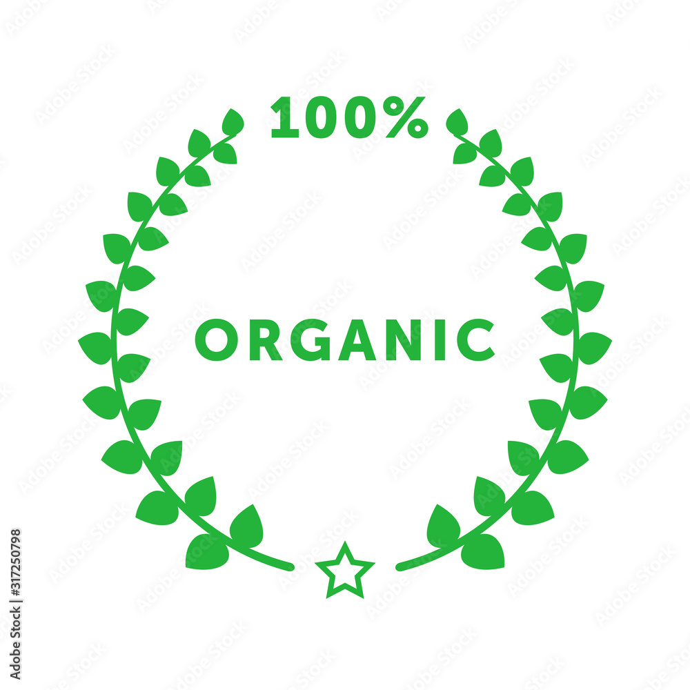 Organic 100 percent circle badge with branch with leaves. Design element for packaging design and promotional material. Vector illustration. Organic 100 percent circle badge with branch with leaves. Design element for packaging design and promotional material. Vector illustration.