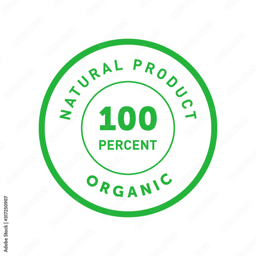 Natural product organic 100 percent green badge. Design element for packaging design and promotional material. Vector illustration.