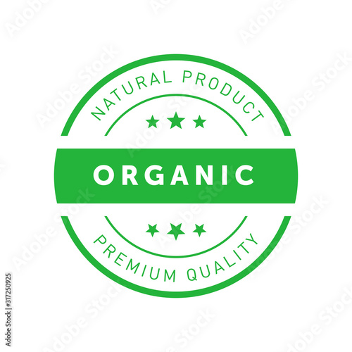 Organic natural product premium quality green sticker. Design element for packaging design and promotional material. Vector illustration.