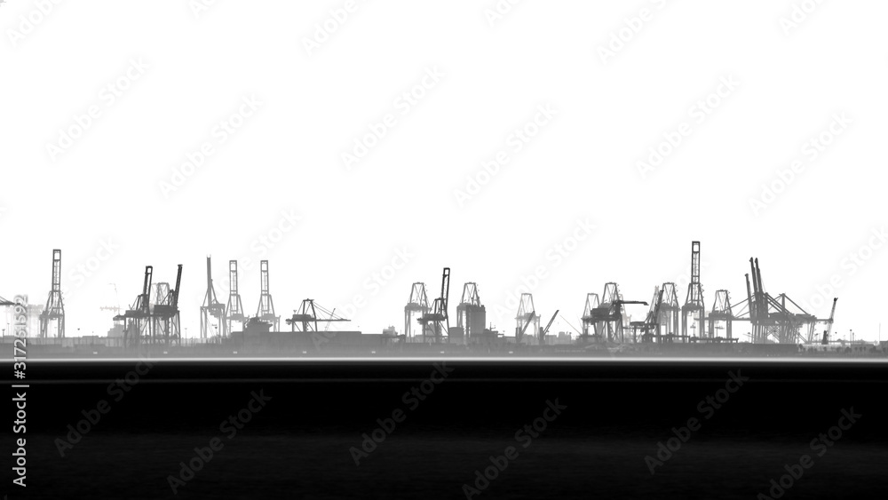 Commercial port with cranes, long exposure with ocean
